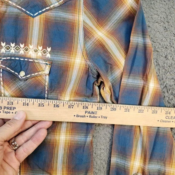 Panhandle Shirt Womens Large Blue Yellow Plaid Western Pearl Snap Embroidered - Picture 7 of 8